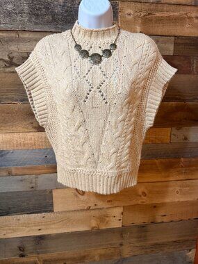 A.N.A. Beige Cable Knit SweaterVest Sz. Small Mock Neck Cozy Minimalist Layering